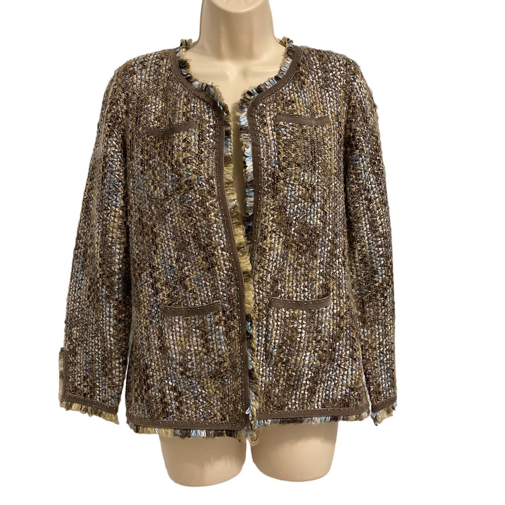 Sigrid Olsen Collection Brown Blue Metallic Knit Fringe Trim Jacket Womens Small